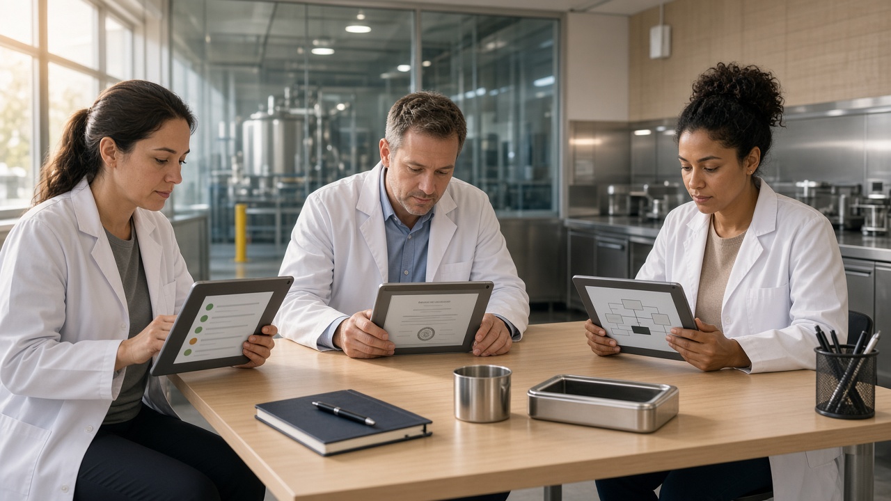 Three quality professionals in a food plant reviewing a checklist, a certificate, and a process map on tablets