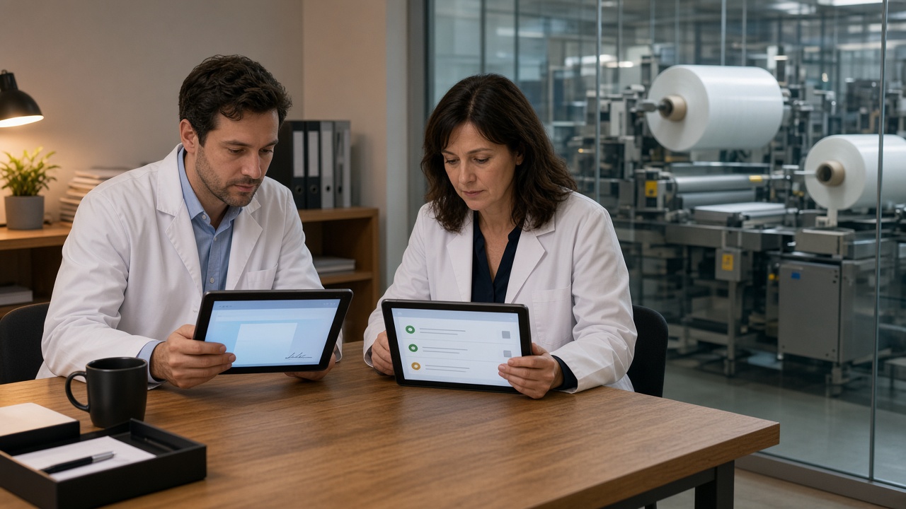Two quality professionals beside a packaging line reviewing a certificate and a corrective-action checklist on tablets