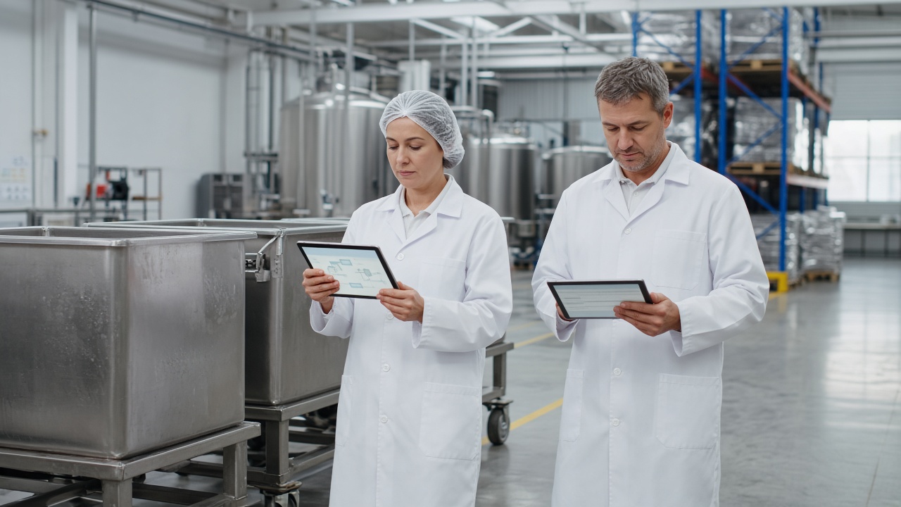Two quality staff on a food production floor checking a lot diagram and a batch record on tablets